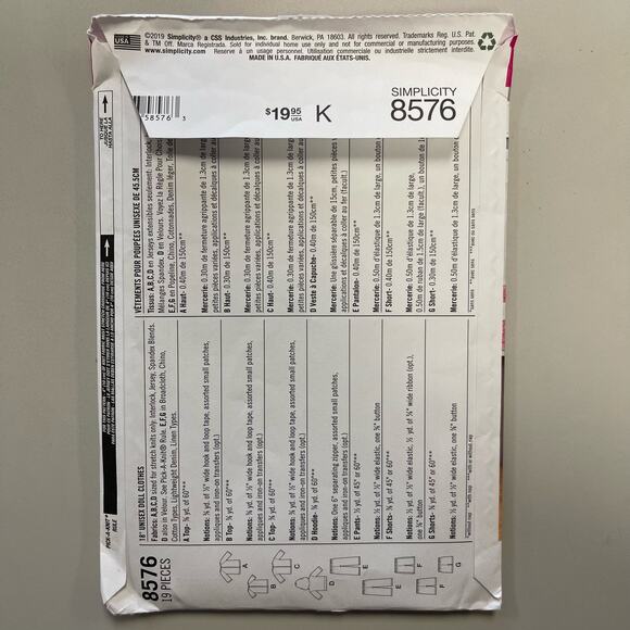 Simplicity 8576 Sewing Pattern 18" Unisex Doll Clothes Hoodies Shorts Tops Pants - Picture 4 of 6